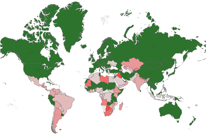 World map depicting % change in coid cases